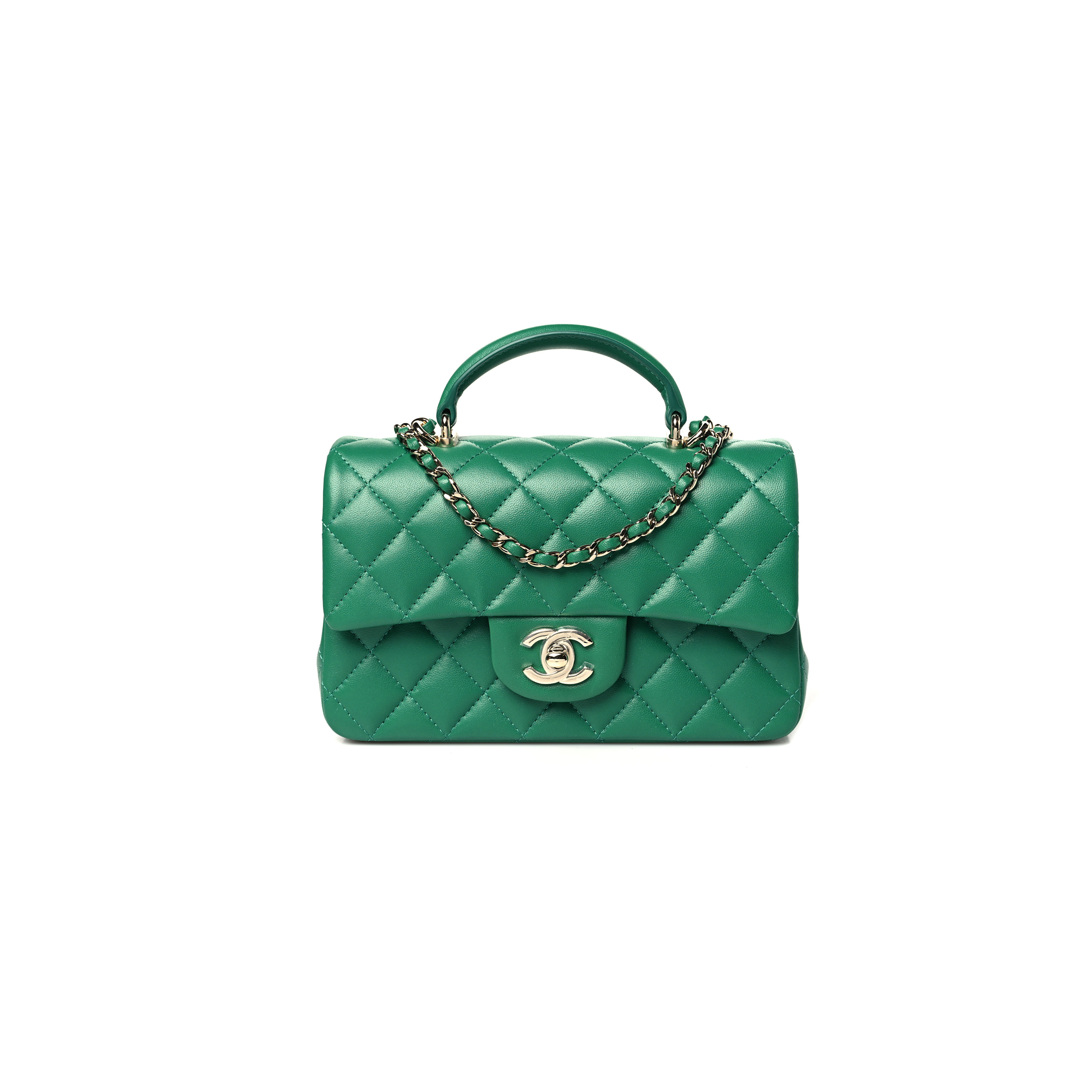 CHANEL LAMBSKIN QUILTED MINI TOP HANDLE RECTANGULAR FLAP GREEN (20*13*9cm)